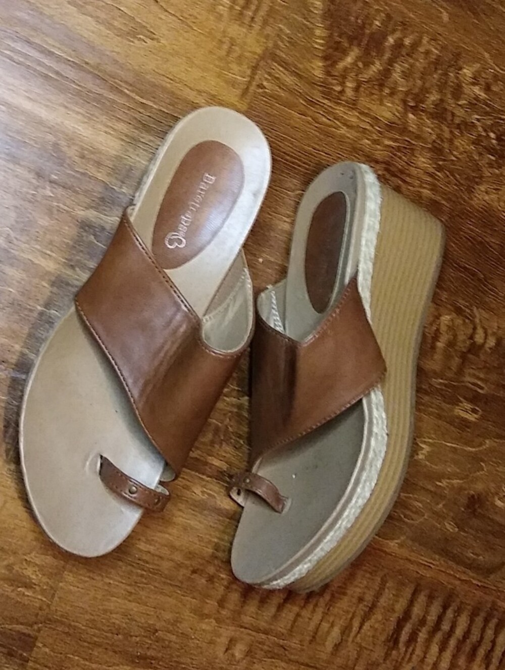 BareTraps Tan/Brown Leather Wedge Slide Sandals